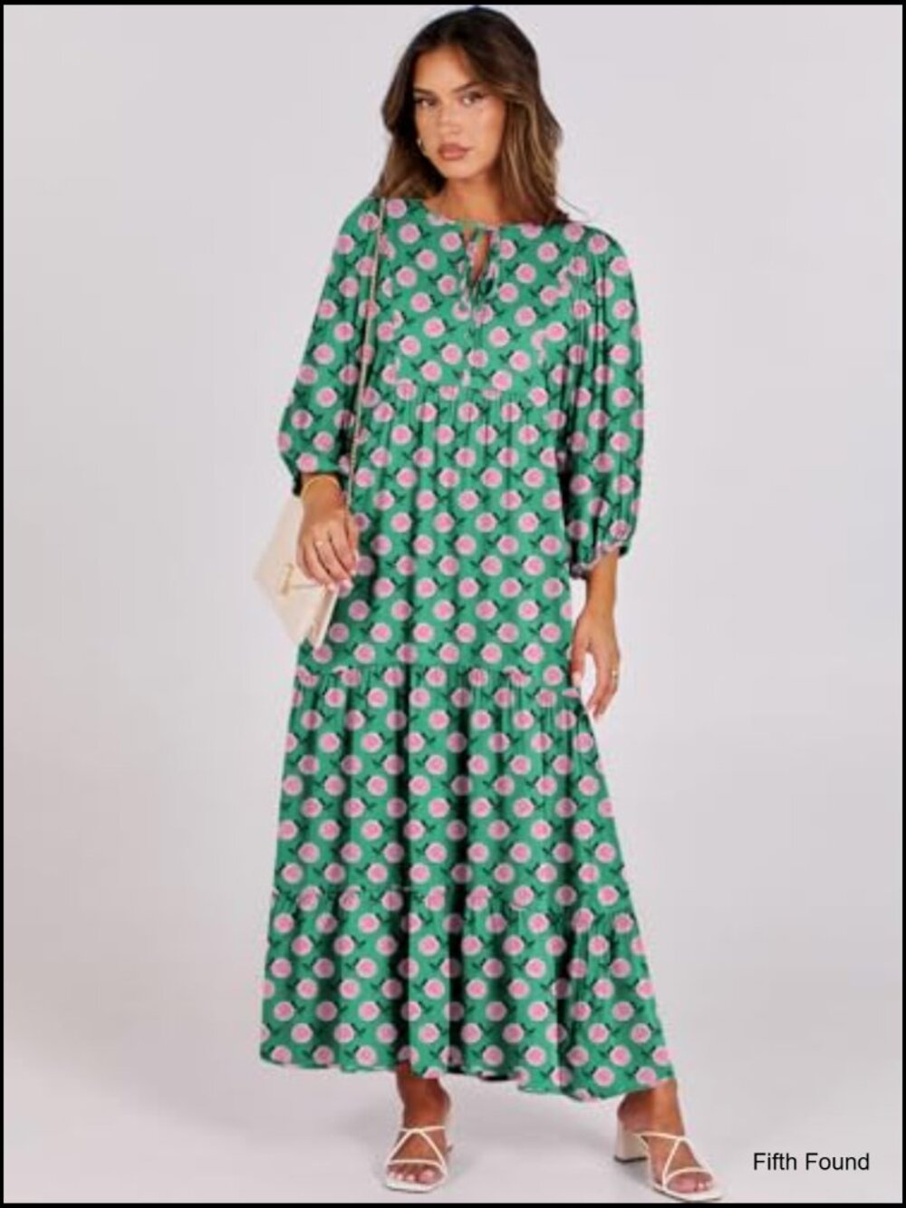 Women's Boho Maxi Dress V Neck Puff Sleeve Floral Flowy Tiered Swing Dress - Picture 6 of 7